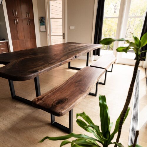 Custom live edge dining table with matching benches